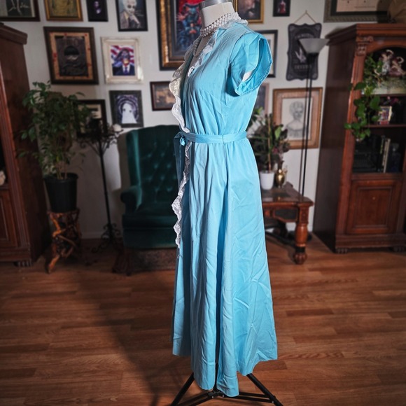 Vintage 70s Blue Dress Lace Trim Maxi Short Sleeve Wrap Housecoat Belted - Picture 4 of 8